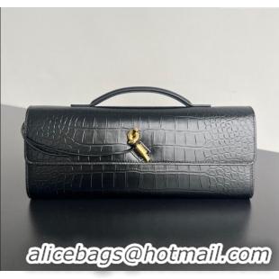 Luxury Discount Bottega Veneta Long Clutch Bag Andiamo in Crocodile Embossed Leather 741511 Black 2025