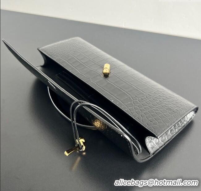 Luxury Discount Bottega Veneta Long Clutch Bag Andiamo in Crocodile Embossed Leather 741511 Black 2025