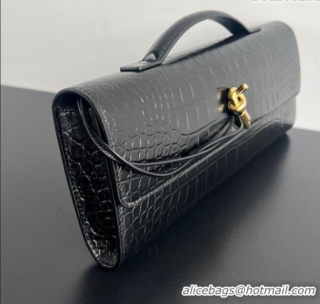 Luxury Discount Bottega Veneta Long Clutch Bag Andiamo in Crocodile Embossed Leather 741511 Black 2025