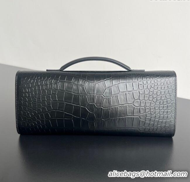 Luxury Discount Bottega Veneta Long Clutch Bag Andiamo in Crocodile Embossed Leather 741511 Black 2025