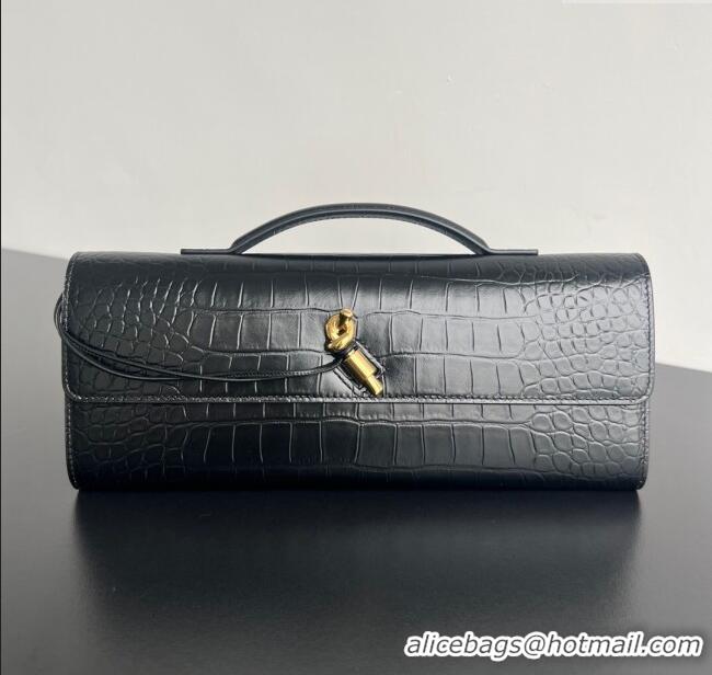 Luxury Discount Bottega Veneta Long Clutch Bag Andiamo in Crocodile Embossed Leather 741511 Black 2025