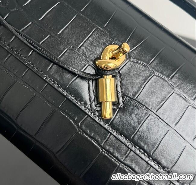 Luxury Discount Bottega Veneta Long Clutch Bag Andiamo in Crocodile Embossed Leather 741511 Black 2025