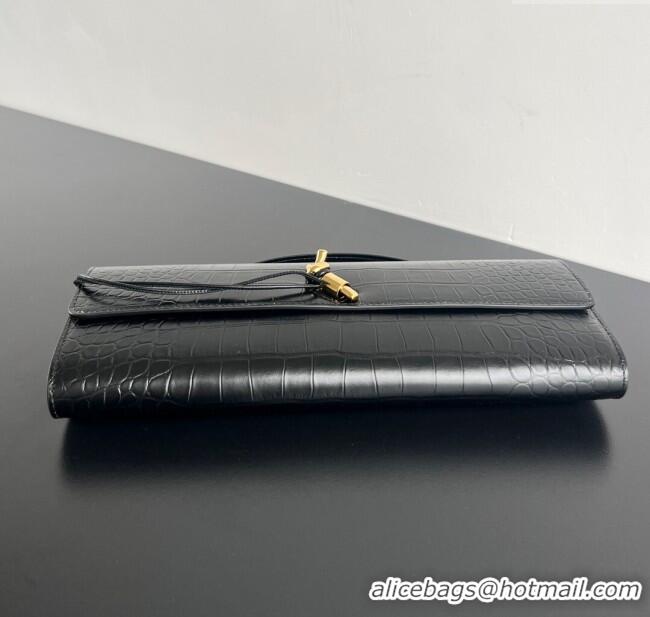 Luxury Discount Bottega Veneta Long Clutch Bag Andiamo in Crocodile Embossed Leather 741511 Black 2025