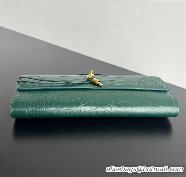 Discount Bottega Veneta Long Clutch Bag Andiamo in Crocodile Embossed Leather 741511 Emerald Green 2025