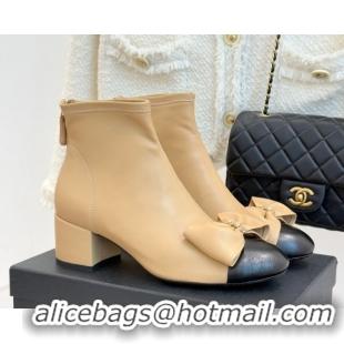 Good Quality Chanel Lambskin Heel Ankle Boots with Bow Beige 2025 CH110303 1103123