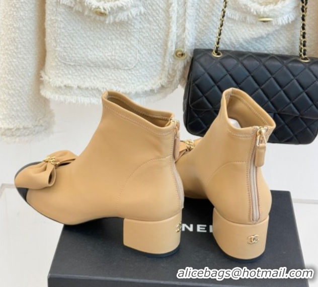 Good Quality Chanel Lambskin Heel Ankle Boots with Bow Beige 2025 CH110303 1103123