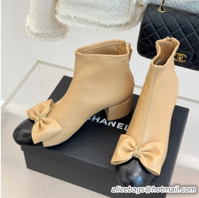 Good Quality Chanel Lambskin Heel Ankle Boots with Bow Beige 2025 CH110303 1103123