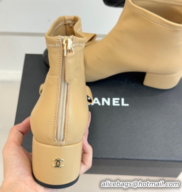 Good Quality Chanel Lambskin Heel Ankle Boots with Bow Beige 2025 CH110303 1103123