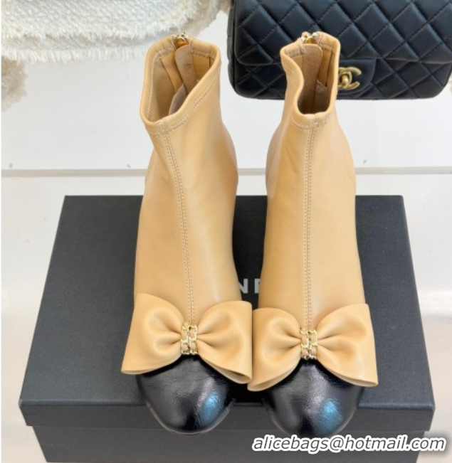 Good Quality Chanel Lambskin Heel Ankle Boots with Bow Beige 2025 CH110303 1103123