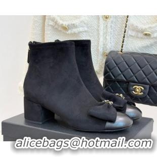 Stylish Chanel Suede and Calfskin Heel Ankle Boots with Bow Black CH110303 1103124