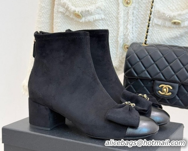 Stylish Chanel Suede and Calfskin Heel Ankle Boots with Bow Black CH110303 1103124