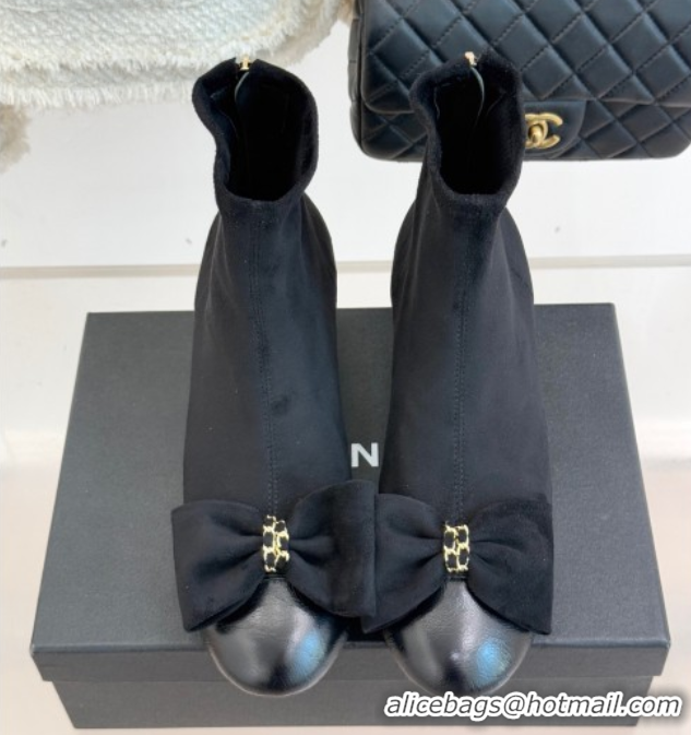 Stylish Chanel Suede and Calfskin Heel Ankle Boots with Bow Black CH110303 1103124