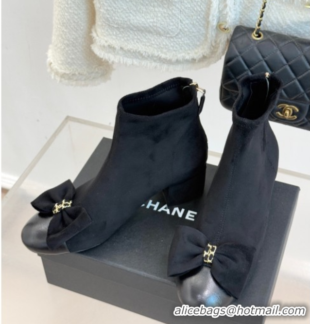 Stylish Chanel Suede and Calfskin Heel Ankle Boots with Bow Black CH110303 1103124