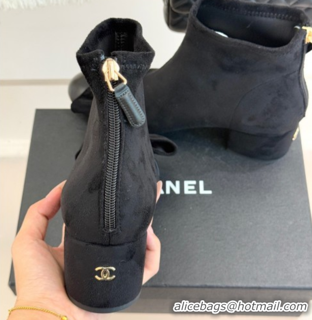 Stylish Chanel Suede and Calfskin Heel Ankle Boots with Bow Black CH110303 1103124