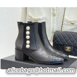 Perfect Chanel Lambskin & Patent Leather Heel Ankle Boots 5cm with Pearls Black 2026 CH11030316 1103125