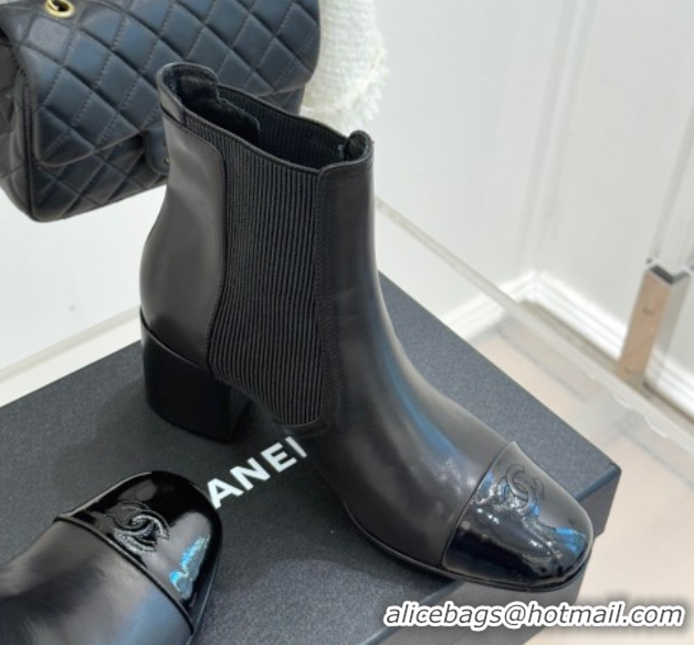Perfect Chanel Lambskin & Patent Leather Heel Ankle Boots 5cm with Pearls Black 2026 CH11030316 1103125