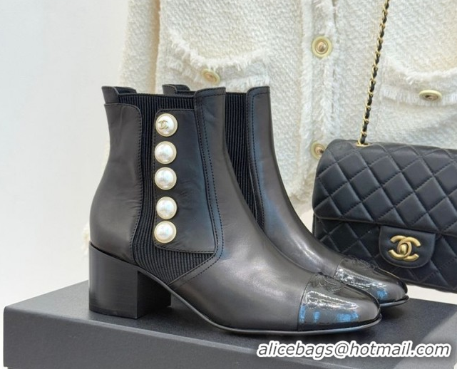 Perfect Chanel Lambskin & Patent Leather Heel Ankle Boots 5cm with Pearls Black 2026 CH11030316 1103125