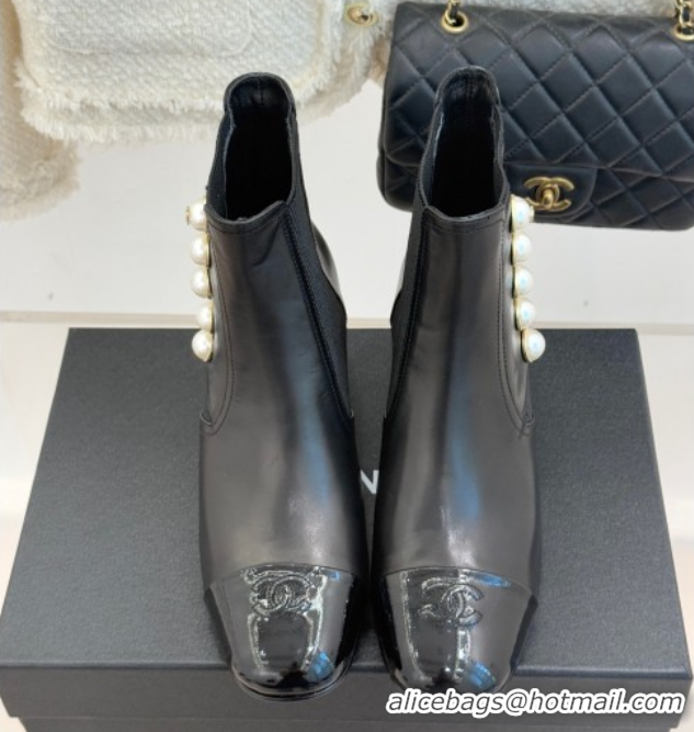 Perfect Chanel Lambskin & Patent Leather Heel Ankle Boots 5cm with Pearls Black 2026 CH11030316 1103125