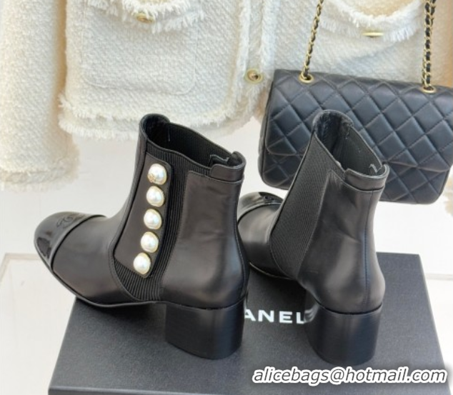 Perfect Chanel Lambskin & Patent Leather Heel Ankle Boots 5cm with Pearls Black 2026 CH11030316 1103125