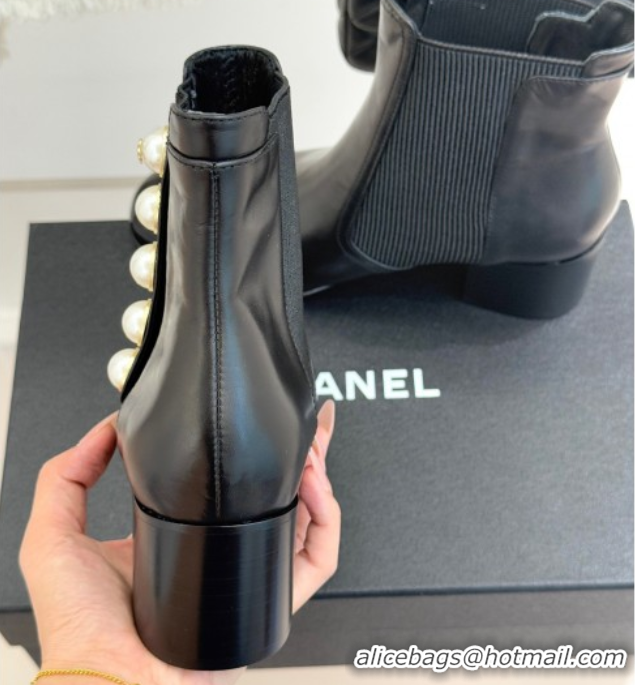 Perfect Chanel Lambskin & Patent Leather Heel Ankle Boots 5cm with Pearls Black 2026 CH11030316 1103125