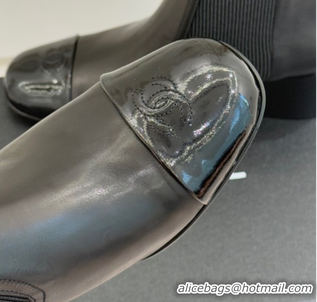 Perfect Chanel Lambskin & Patent Leather Heel Ankle Boots 5cm with Pearls Black 2026 CH11030316 1103125