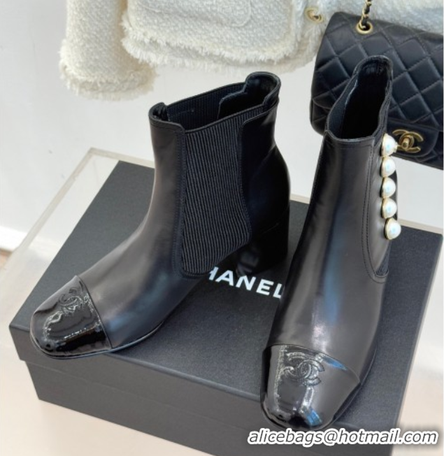 Perfect Chanel Lambskin & Patent Leather Heel Ankle Boots 5cm with Pearls Black 2026 CH11030316 1103125