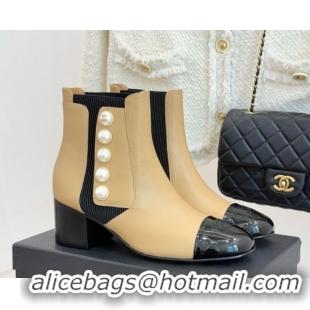 Grade Quality Chanel Lambskin & Patent Leather Heel Ankle Boots 5cm with Pearls Beige CH11030316 1103126