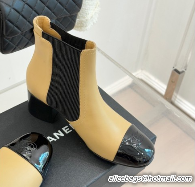 Grade Quality Chanel Lambskin & Patent Leather Heel Ankle Boots 5cm with Pearls Beige CH11030316 1103126