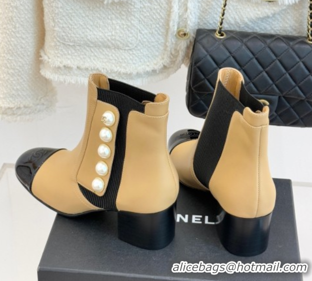Grade Quality Chanel Lambskin & Patent Leather Heel Ankle Boots 5cm with Pearls Beige CH11030316 1103126