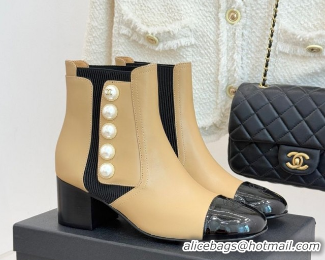 Grade Quality Chanel Lambskin & Patent Leather Heel Ankle Boots 5cm with Pearls Beige CH11030316 1103126