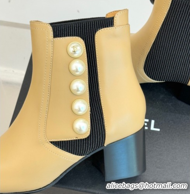Grade Quality Chanel Lambskin & Patent Leather Heel Ankle Boots 5cm with Pearls Beige CH11030316 1103126