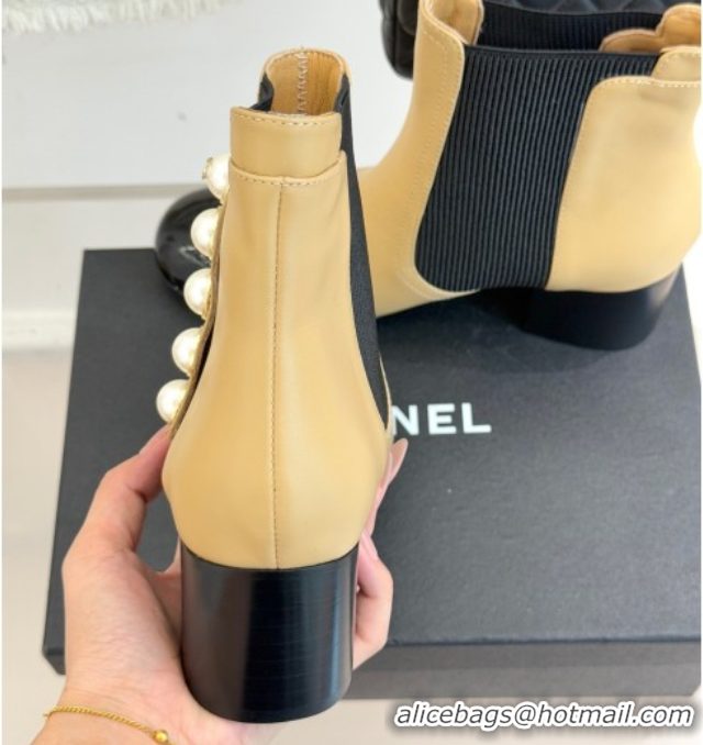 Grade Quality Chanel Lambskin & Patent Leather Heel Ankle Boots 5cm with Pearls Beige CH11030316 1103126