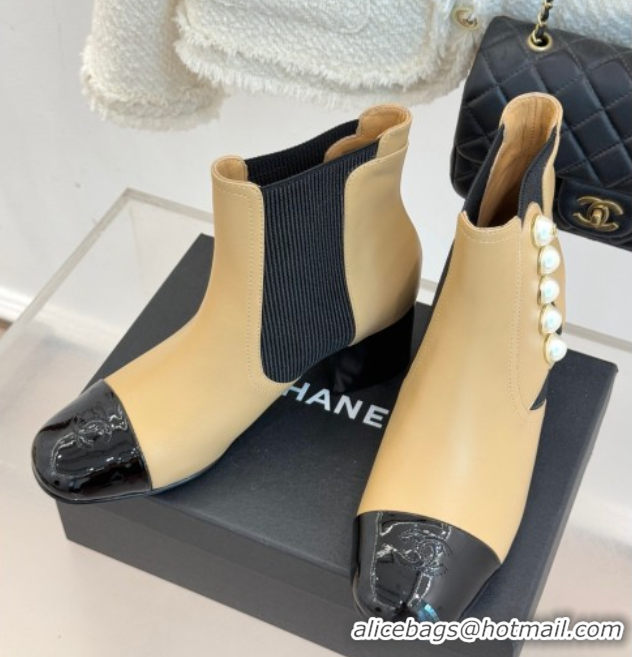 Grade Quality Chanel Lambskin & Patent Leather Heel Ankle Boots 5cm with Pearls Beige CH11030316 1103126