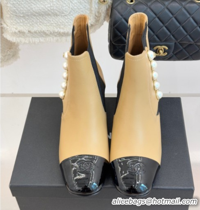 Grade Quality Chanel Lambskin & Patent Leather Heel Ankle Boots 5cm with Pearls Beige CH11030316 1103126