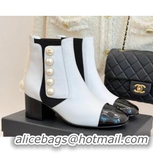 Best Price Chanel Lambskin & Patent Leather Heel Ankle Boots 5cm with Pearls White CH11030316 1103127