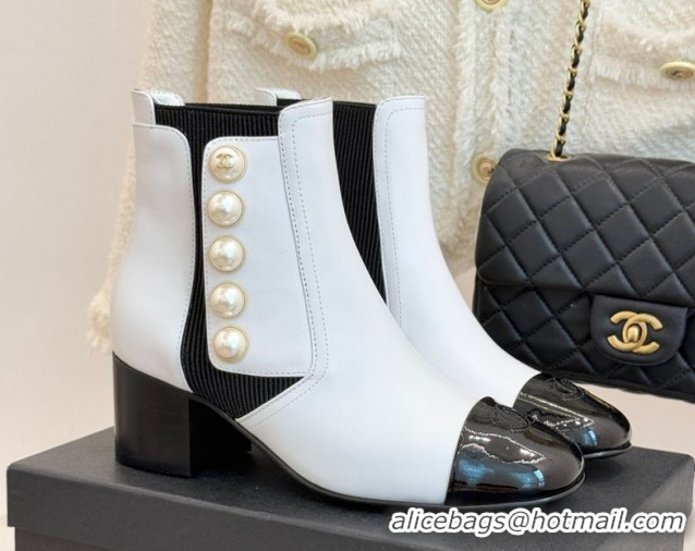 Best Price Chanel Lambskin & Patent Leather Heel Ankle Boots 5cm with Pearls White CH11030316 1103127