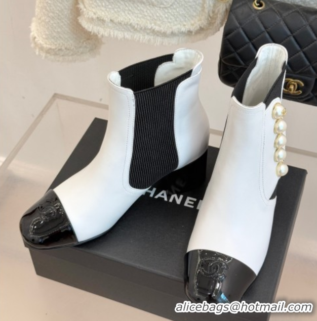 Best Price Chanel Lambskin & Patent Leather Heel Ankle Boots 5cm with Pearls White CH11030316 1103127