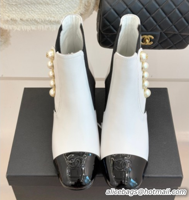 Best Price Chanel Lambskin & Patent Leather Heel Ankle Boots 5cm with Pearls White CH11030316 1103127