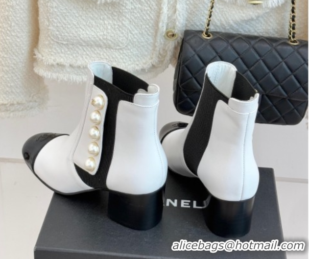 Best Price Chanel Lambskin & Patent Leather Heel Ankle Boots 5cm with Pearls White CH11030316 1103127