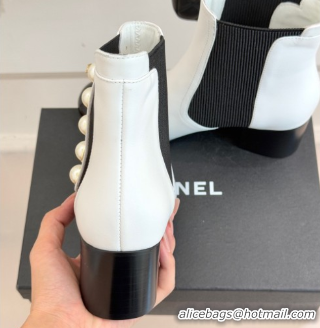 Best Price Chanel Lambskin & Patent Leather Heel Ankle Boots 5cm with Pearls White CH11030316 1103127