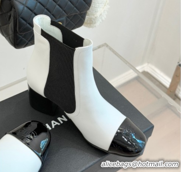 Best Price Chanel Lambskin & Patent Leather Heel Ankle Boots 5cm with Pearls White CH11030316 1103127