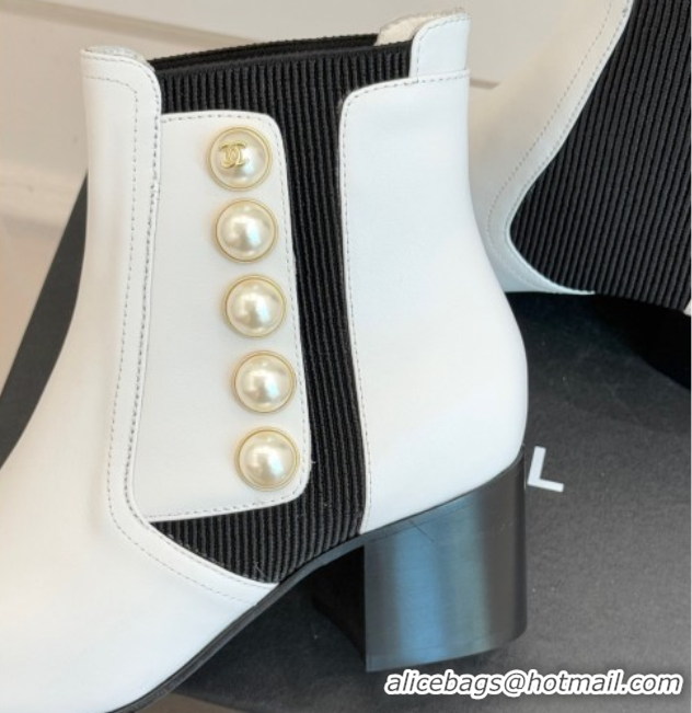 Best Price Chanel Lambskin & Patent Leather Heel Ankle Boots 5cm with Pearls White CH11030316 1103127