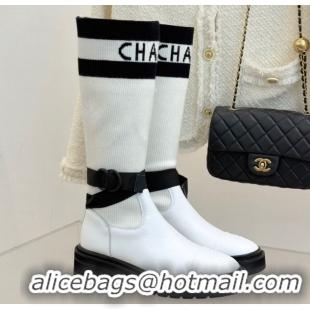 Sophisticated Chanel Knit and Calfskin Medium Boots with Buckle White CH11030317 1103128