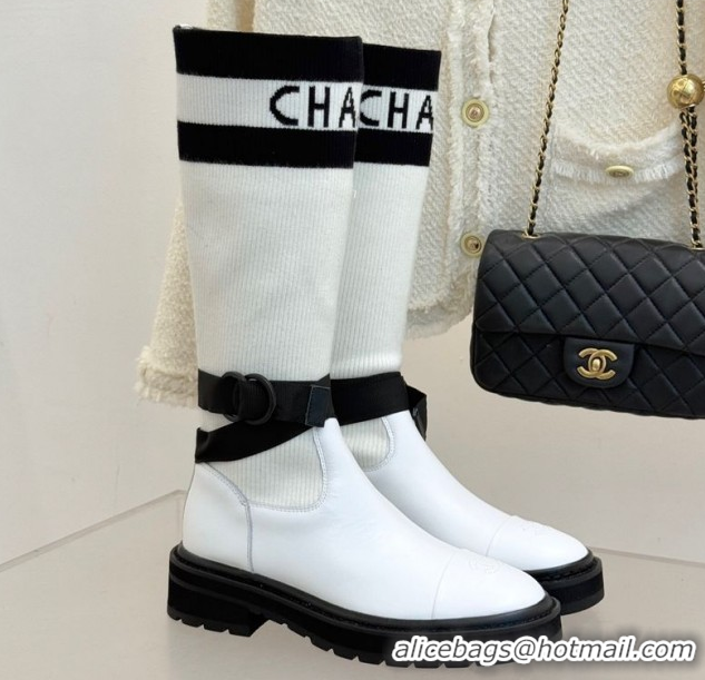 Sophisticated Chanel Knit and Calfskin Medium Boots with Buckle White CH11030317 1103128