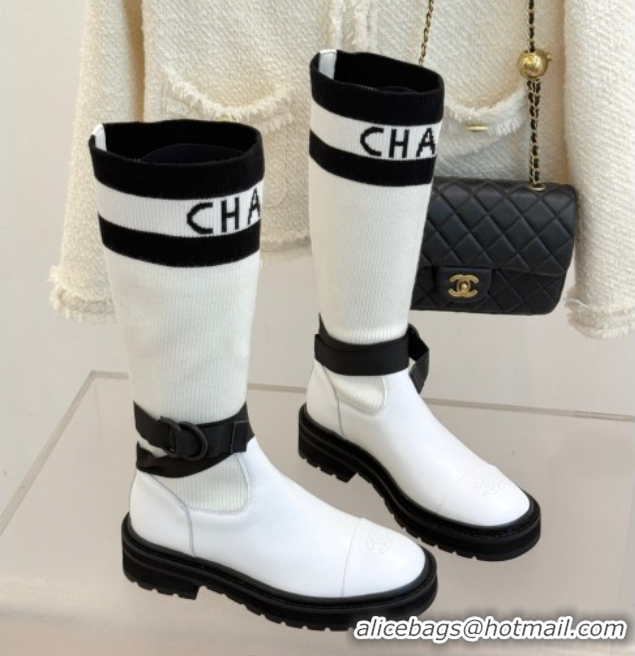 Sophisticated Chanel Knit and Calfskin Medium Boots with Buckle White CH11030317 1103128