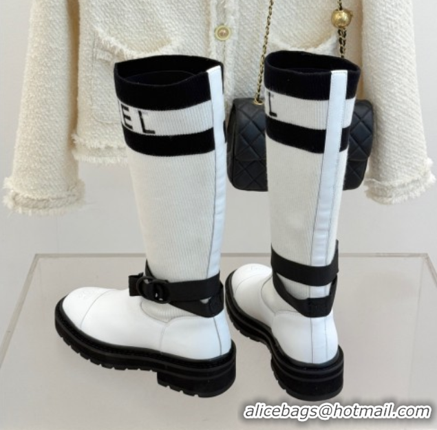 Sophisticated Chanel Knit and Calfskin Medium Boots with Buckle White CH11030317 1103128