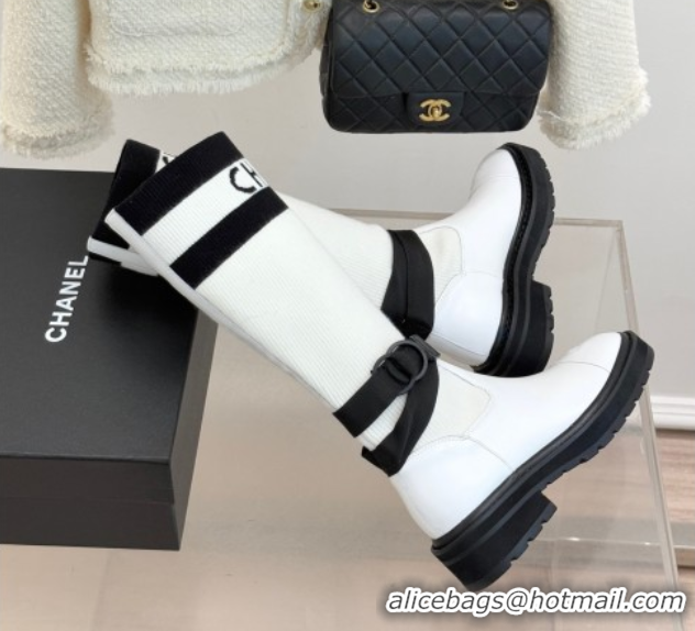Sophisticated Chanel Knit and Calfskin Medium Boots with Buckle White CH11030317 1103128