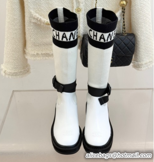 Sophisticated Chanel Knit and Calfskin Medium Boots with Buckle White CH11030317 1103128