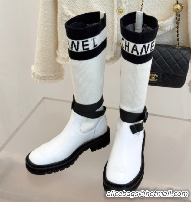 Sophisticated Chanel Knit and Calfskin Medium Boots with Buckle White CH11030317 1103128
