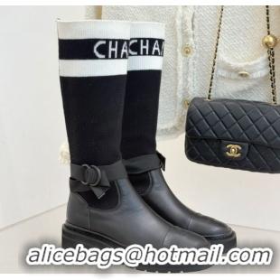 Duplicate Chanel Knit and Calfskin Medium Boots with Buckle Black 2025 CH11030317 1103129
